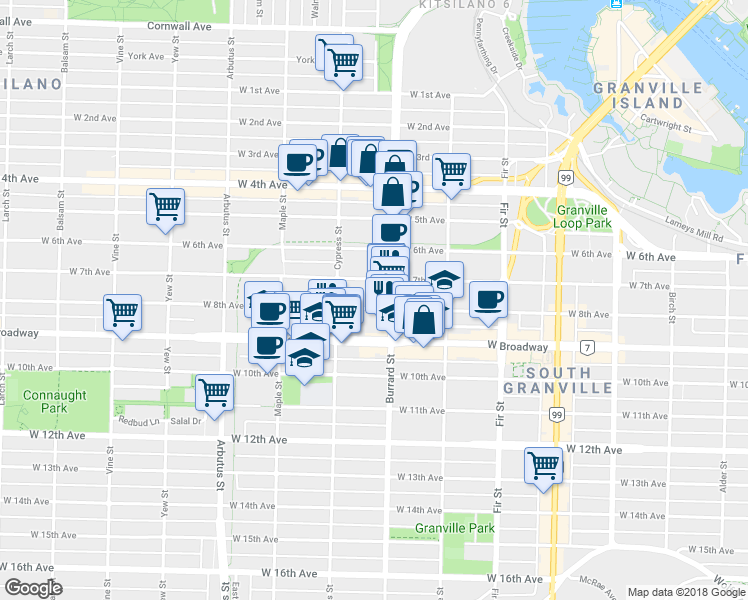 map of restaurants, bars, coffee shops, grocery stores, and more near in Vancouver