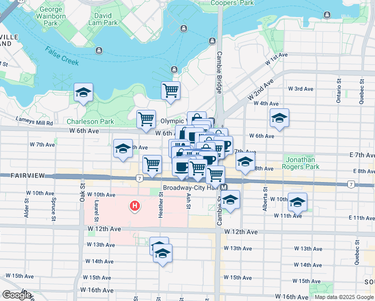 map of restaurants, bars, coffee shops, grocery stores, and more near 2315 Ash Street in Vancouver