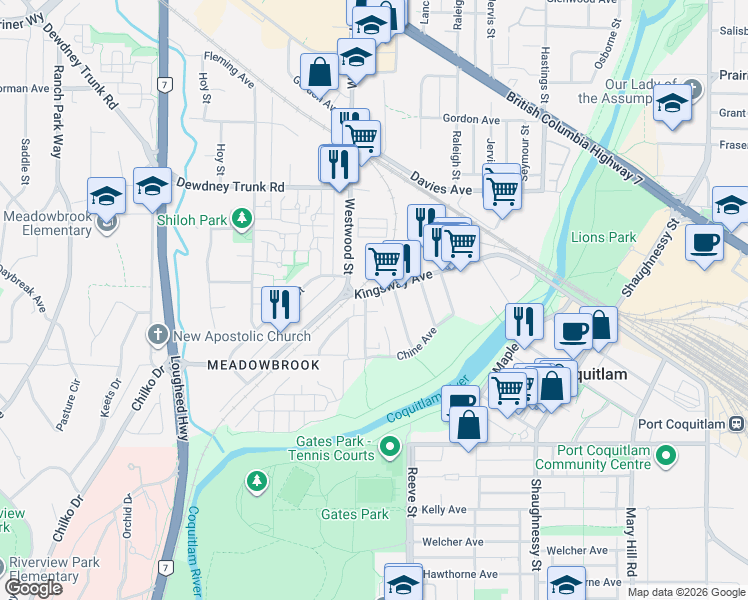 map of restaurants, bars, coffee shops, grocery stores, and more near 2664 Kingsway Avenue in Port Coquitlam
