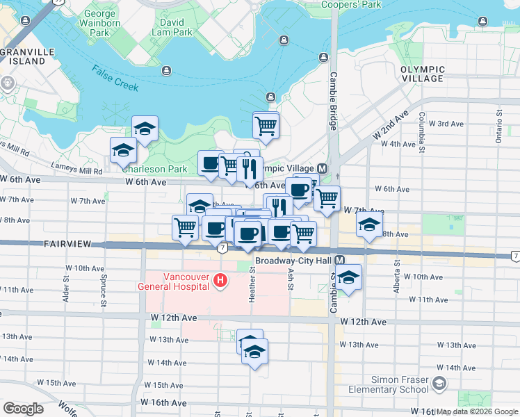 map of restaurants, bars, coffee shops, grocery stores, and more near 692 West 7th Avenue in Vancouver