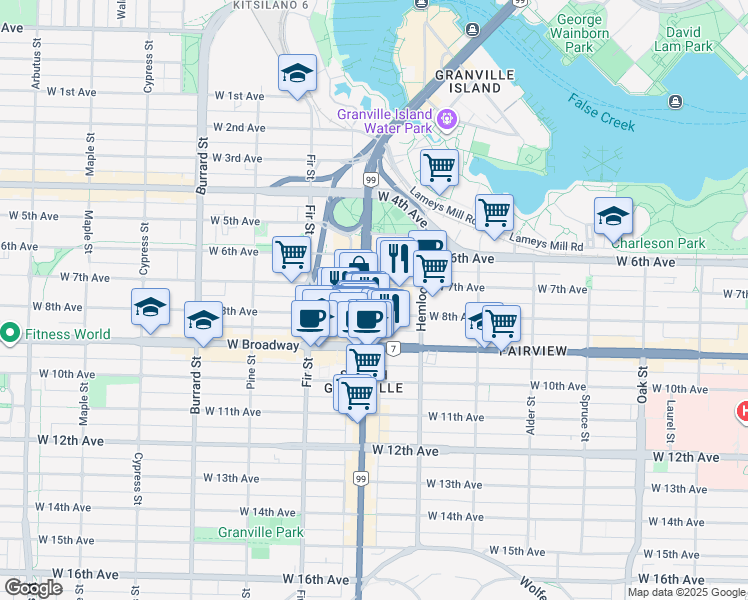 map of restaurants, bars, coffee shops, grocery stores, and more near in Vancouver