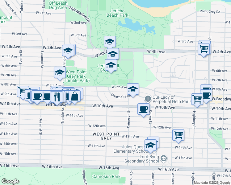 map of restaurants, bars, coffee shops, grocery stores, and more near 4177 Crown Crescent in Vancouver