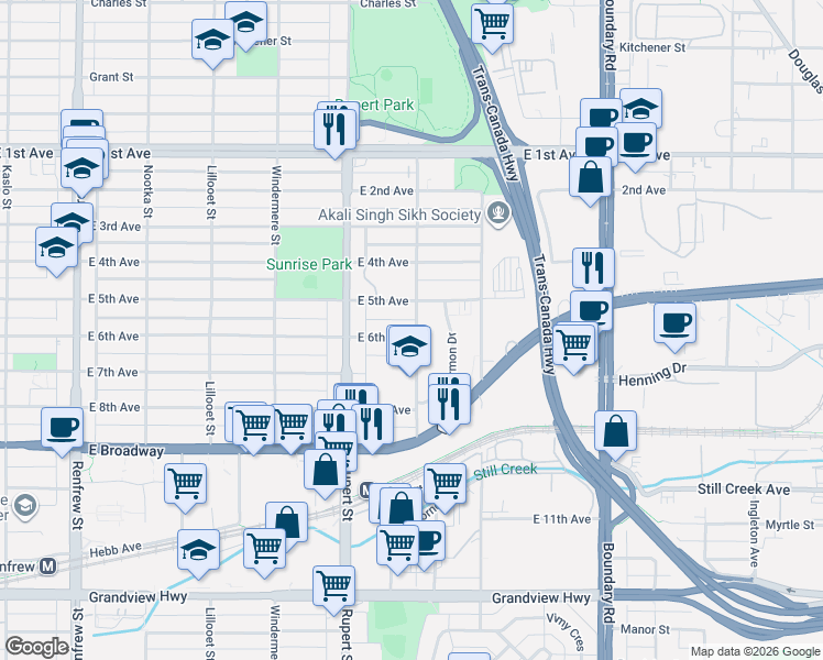 map of restaurants, bars, coffee shops, grocery stores, and more near 2185 Cassiar Street in Vancouver