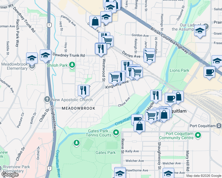 map of restaurants, bars, coffee shops, grocery stores, and more near 2664 Kingsway Avenue in Port Coquitlam