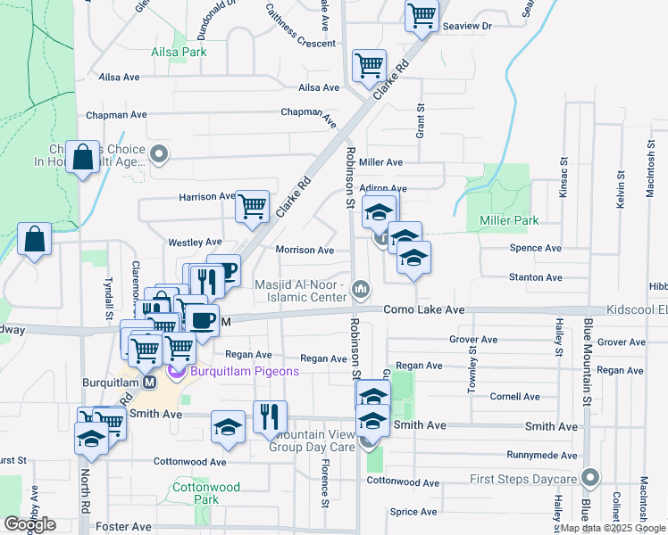 map of restaurants, bars, coffee shops, grocery stores, and more near 735 Lea Avenue in Coquitlam