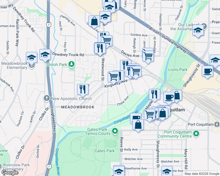 map of restaurants, bars, coffee shops, grocery stores, and more near 2664 Kingsway Avenue in Port Coquitlam