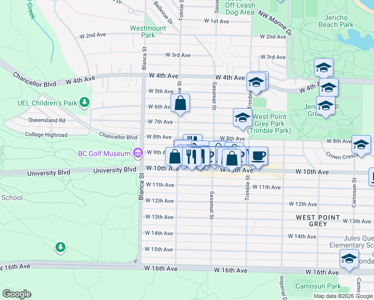 map of restaurants, bars, coffee shops, grocery stores, and more near 4579 West 9th Avenue in Vancouver