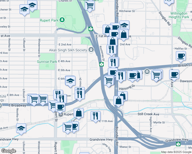 map of restaurants, bars, coffee shops, grocery stores, and more near 3625 Lougheed Highway in Vancouver
