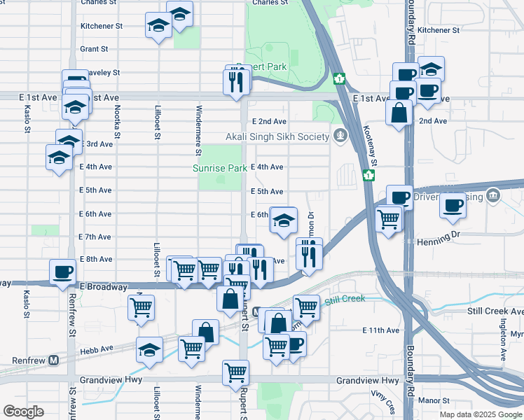 map of restaurants, bars, coffee shops, grocery stores, and more near 3323 East 6th Avenue in Vancouver