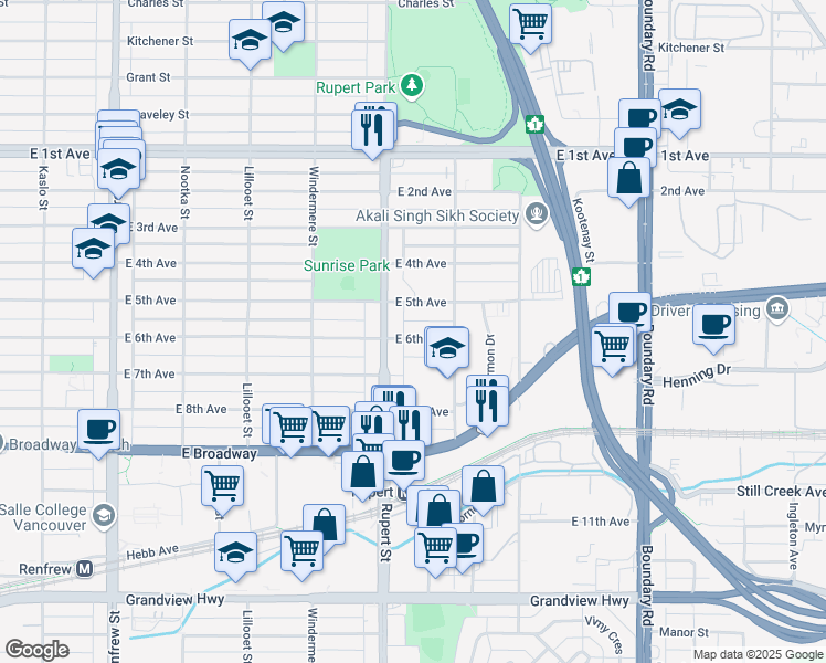 map of restaurants, bars, coffee shops, grocery stores, and more near 3323 East 6th Avenue in Vancouver
