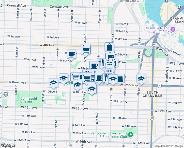map of restaurants, bars, coffee shops, grocery stores, and more near 1949 West 8th Avenue in Vancouver