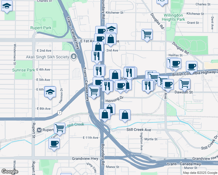 map of restaurants, bars, coffee shops, grocery stores, and more near 210-2250 Boundary Road in Burnaby