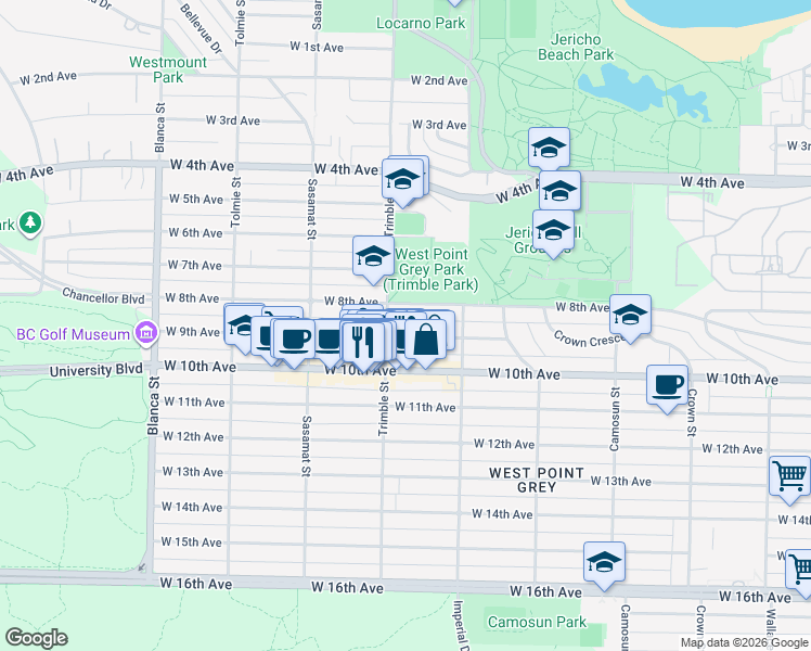 map of restaurants, bars, coffee shops, grocery stores, and more near 4377 West 9th Avenue in Vancouver