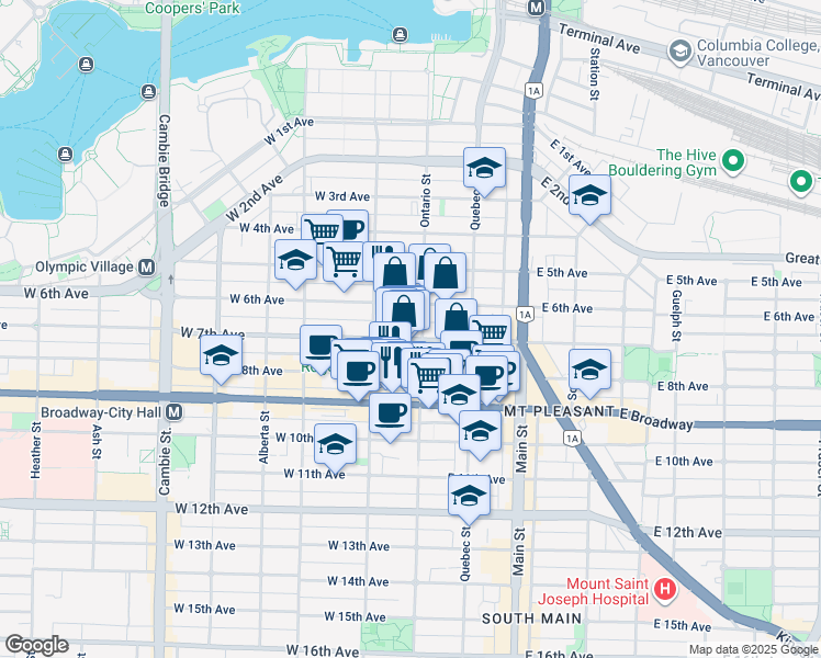 map of restaurants, bars, coffee shops, grocery stores, and more near 2314 Ontario Street in Vancouver