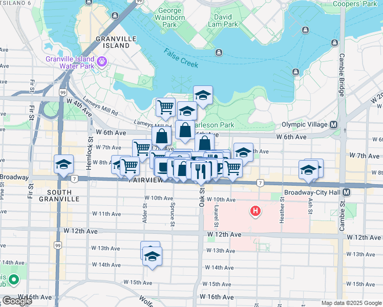 map of restaurants, bars, coffee shops, grocery stores, and more near 1038 West 7th Avenue in Vancouver