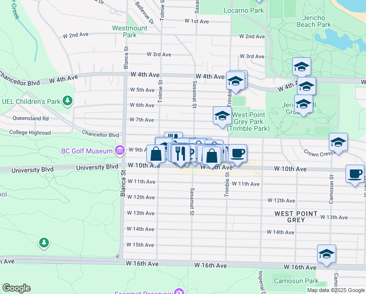 map of restaurants, bars, coffee shops, grocery stores, and more near 4527 West 9th Avenue in Vancouver