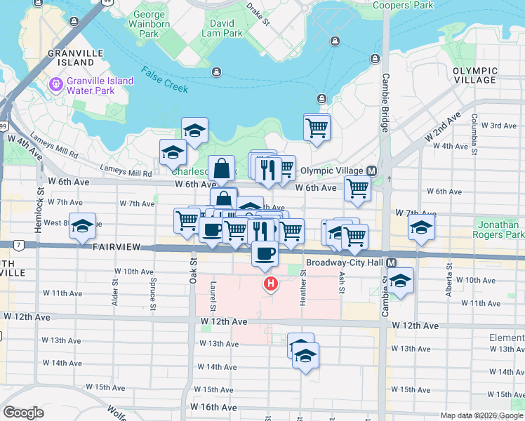 map of restaurants, bars, coffee shops, grocery stores, and more near 828 West 7th Avenue in Vancouver