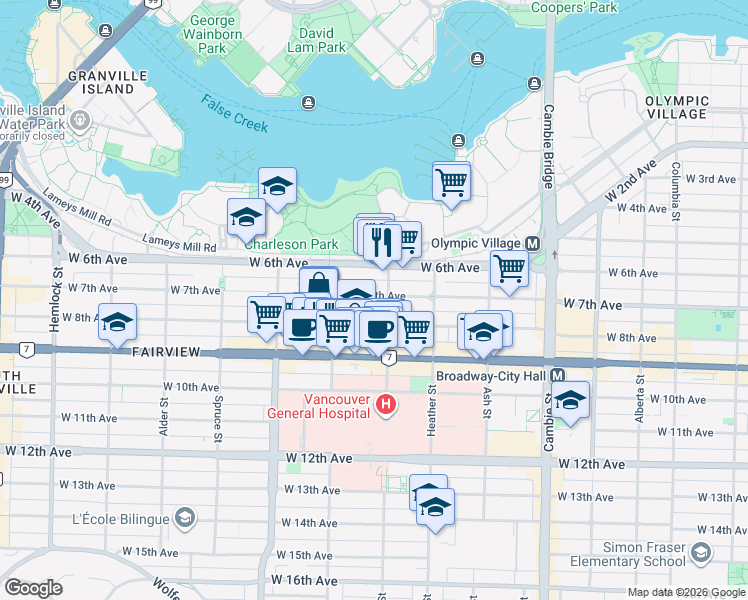 map of restaurants, bars, coffee shops, grocery stores, and more near 830 West 7th Avenue in Vancouver