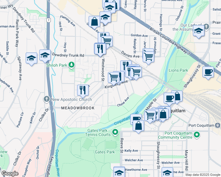 map of restaurants, bars, coffee shops, grocery stores, and more near in Coquitlam