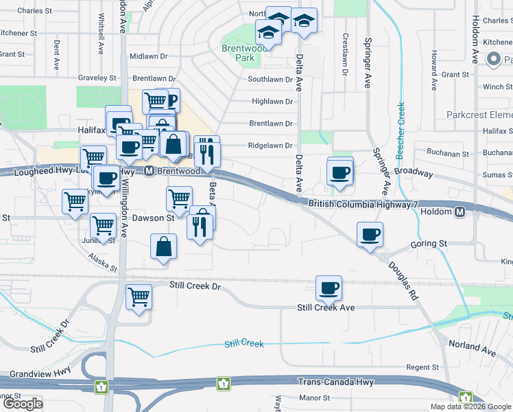 map of restaurants, bars, coffee shops, grocery stores, and more near 4730 Lougheed Highway in Burnaby