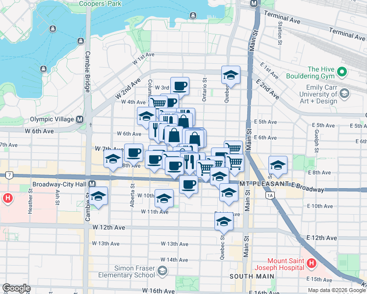 map of restaurants, bars, coffee shops, grocery stores, and more near 2288 Manitoba Street in Vancouver
