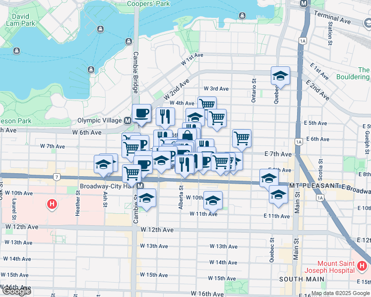 map of restaurants, bars, coffee shops, grocery stores, and more near 262 West 7th Avenue in Vancouver