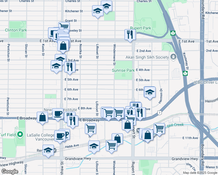 map of restaurants, bars, coffee shops, grocery stores, and more near 3171 East 6th Avenue in Vancouver