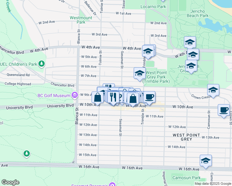 map of restaurants, bars, coffee shops, grocery stores, and more near 4525 West 9th Avenue in Vancouver