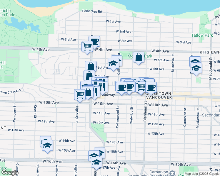 map of restaurants, bars, coffee shops, grocery stores, and more near 3558 West 8th Avenue in Vancouver