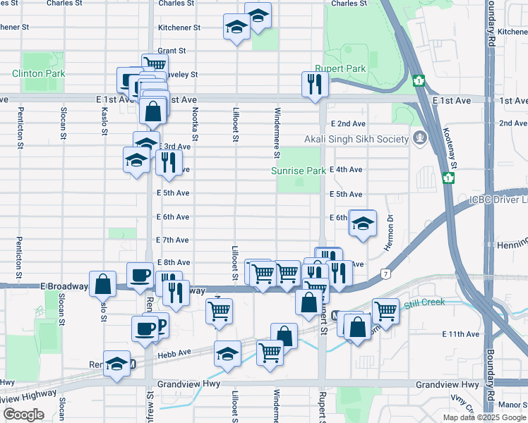map of restaurants, bars, coffee shops, grocery stores, and more near 3171 East 6th Avenue in Vancouver