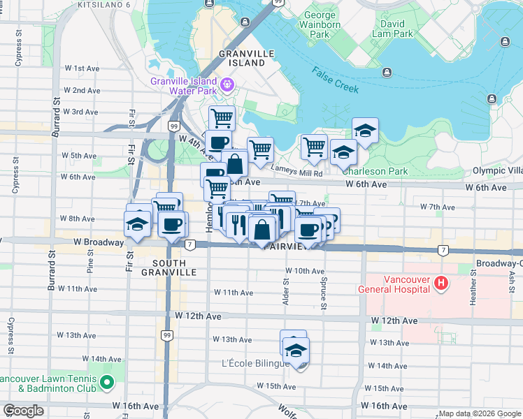 map of restaurants, bars, coffee shops, grocery stores, and more near 1286 East 7th Avenue in Vancouver