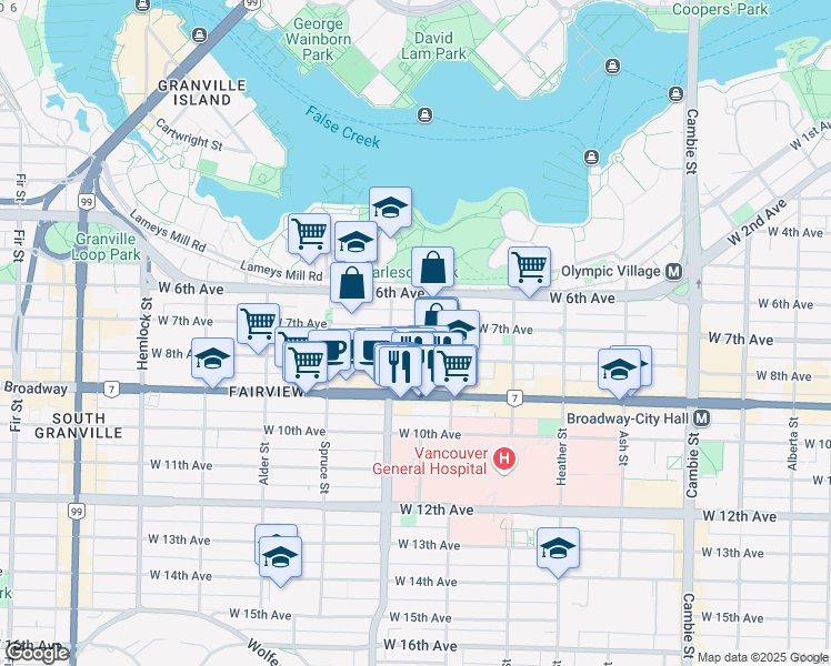 map of restaurants, bars, coffee shops, grocery stores, and more near 956 West 7th Avenue in Vancouver