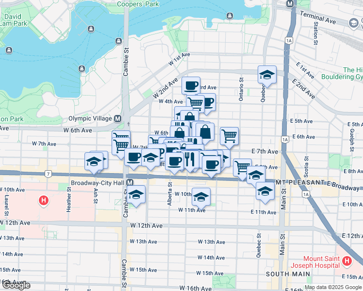 map of restaurants, bars, coffee shops, grocery stores, and more near 203 West 7th Avenue in Vancouver