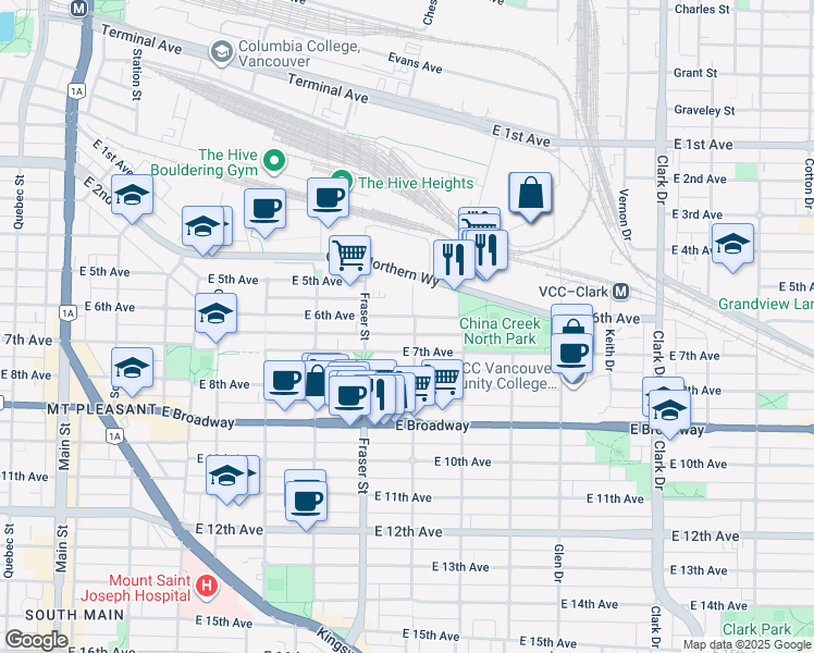 map of restaurants, bars, coffee shops, grocery stores, and more near 2255 Prince Albert Street in Vancouver