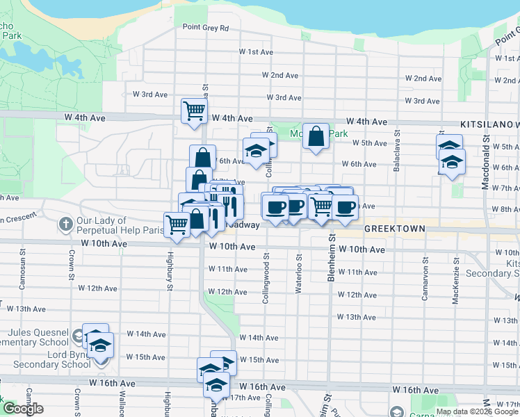 map of restaurants, bars, coffee shops, grocery stores, and more near 3514 West 8th Avenue in Vancouver