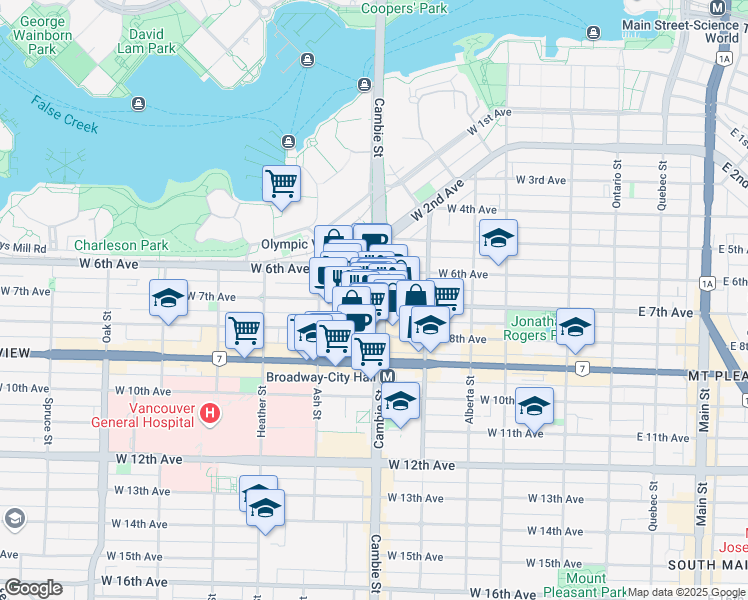 map of restaurants, bars, coffee shops, grocery stores, and more near 501 West 7th Avenue in Vancouver