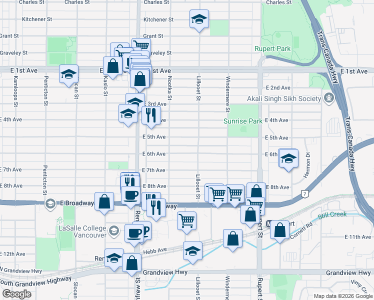 map of restaurants, bars, coffee shops, grocery stores, and more near 3065 East 6th Avenue in Vancouver