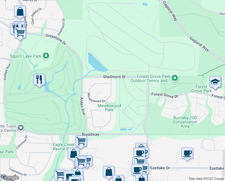 map of restaurants, bars, coffee shops, grocery stores, and more near 2086 Meadowood Park in Burnaby