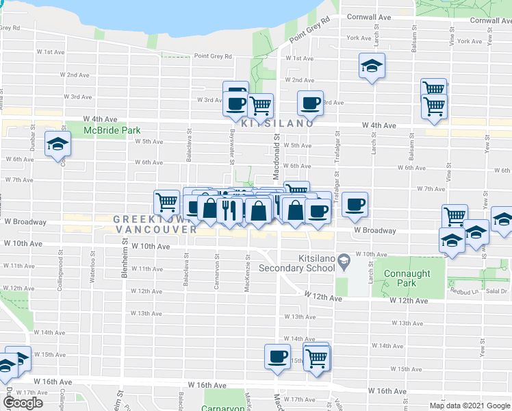 map of restaurants, bars, coffee shops, grocery stores, and more near 2852 West 8th Avenue in Vancouver