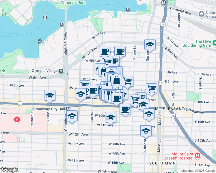 map of restaurants, bars, coffee shops, grocery stores, and more near in Vancouver