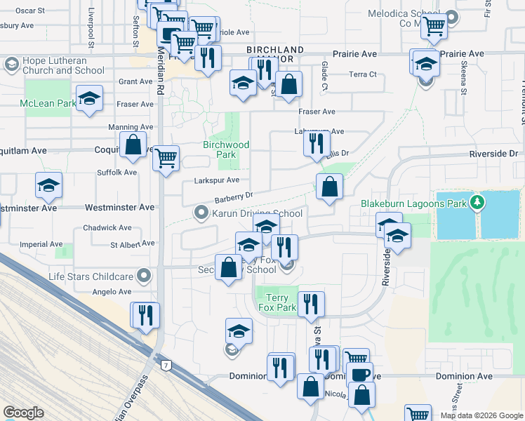 map of restaurants, bars, coffee shops, grocery stores, and more near 1265 Amazon Drive in Port Coquitlam