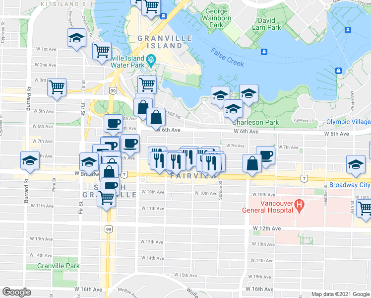 map of restaurants, bars, coffee shops, grocery stores, and more near in Vancouver