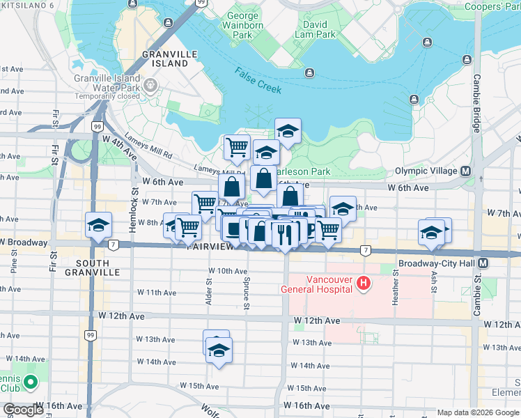 map of restaurants, bars, coffee shops, grocery stores, and more near 1070 West 7th Avenue in Vancouver