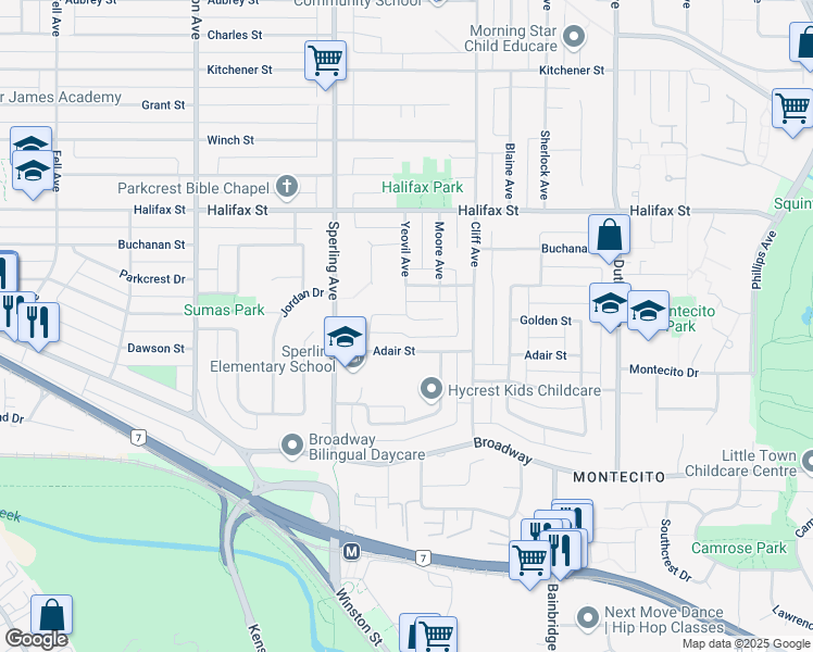 map of restaurants, bars, coffee shops, grocery stores, and more near 6808 Yeovil Place in Burnaby