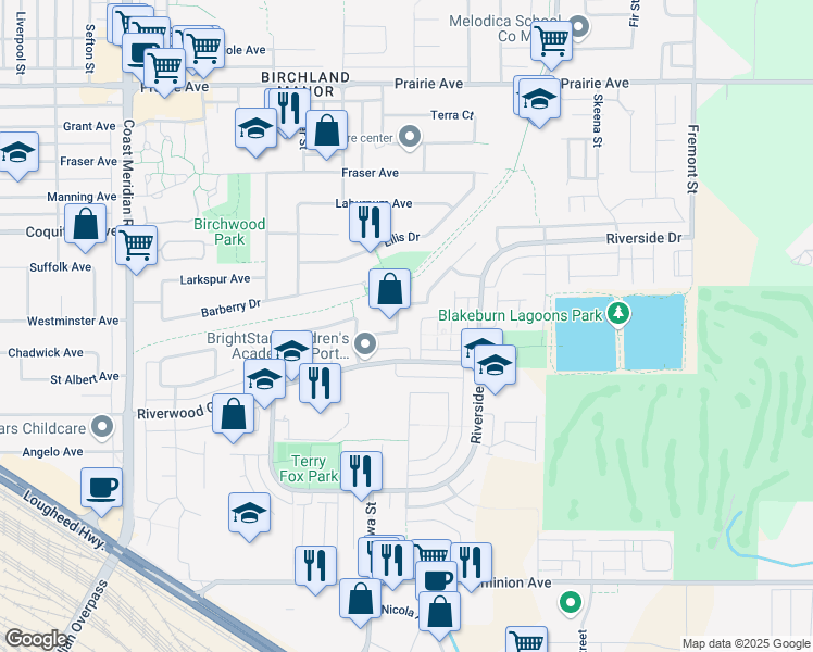 map of restaurants, bars, coffee shops, grocery stores, and more near 1110 Amazon Drive in Port Coquitlam