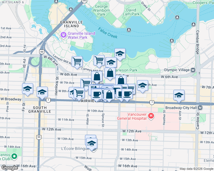map of restaurants, bars, coffee shops, grocery stores, and more near 1088 West 7th Avenue in Vancouver