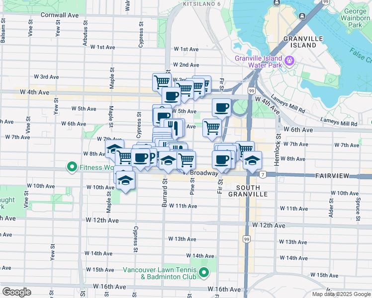 map of restaurants, bars, coffee shops, grocery stores, and more near 1745 West 8th Avenue in Vancouver