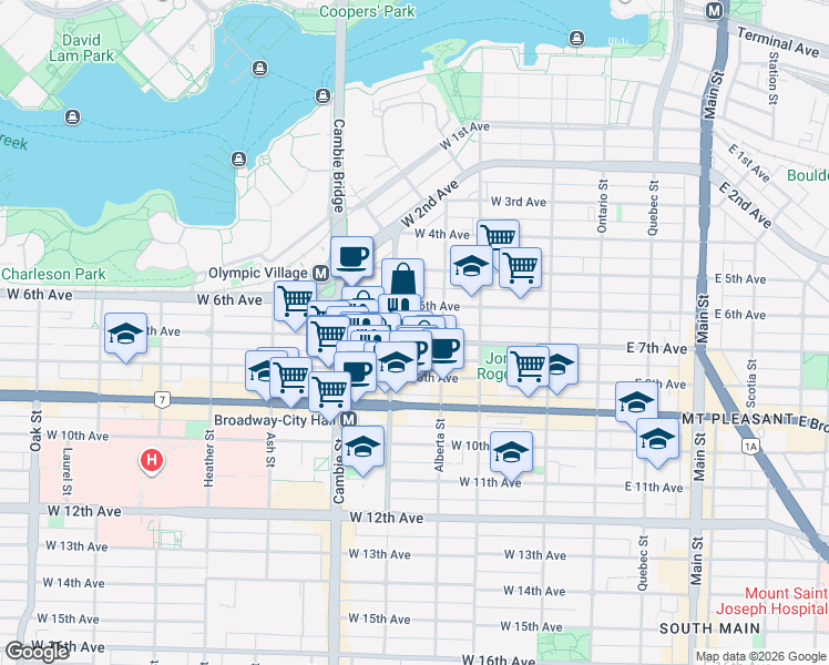 map of restaurants, bars, coffee shops, grocery stores, and more near in Vancouver