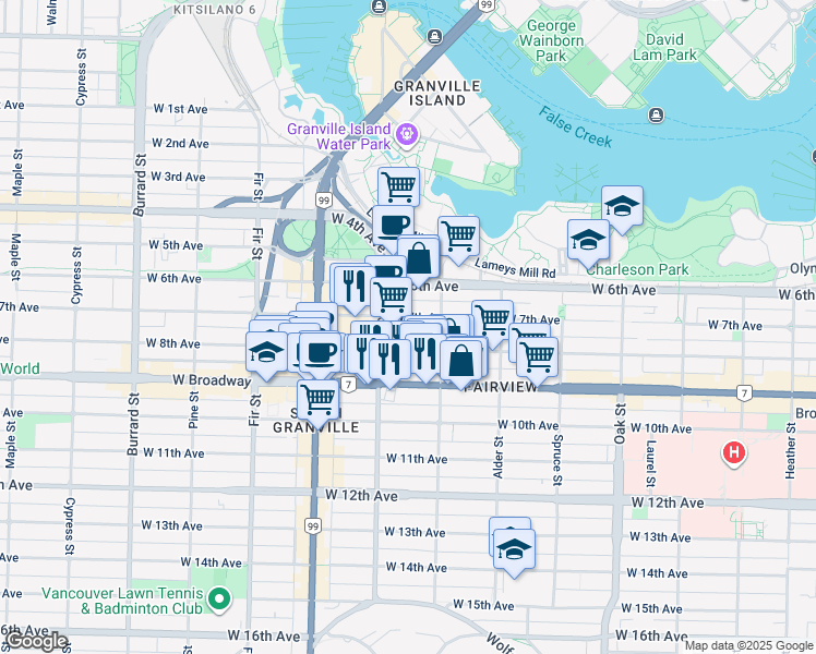 map of restaurants, bars, coffee shops, grocery stores, and more near 1340 West 7th Avenue in Vancouver