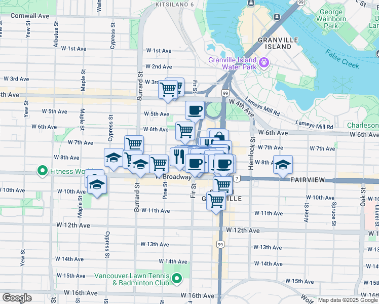 map of restaurants, bars, coffee shops, grocery stores, and more near 2323 Fir Street in Vancouver
